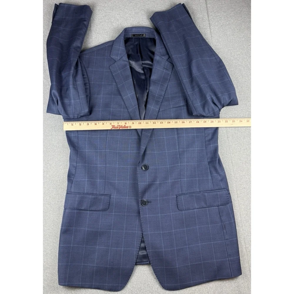 Calvin Klein 44L Blue Windowpane 100% Wool Sport Coat Blazer 2 Button Jacket
